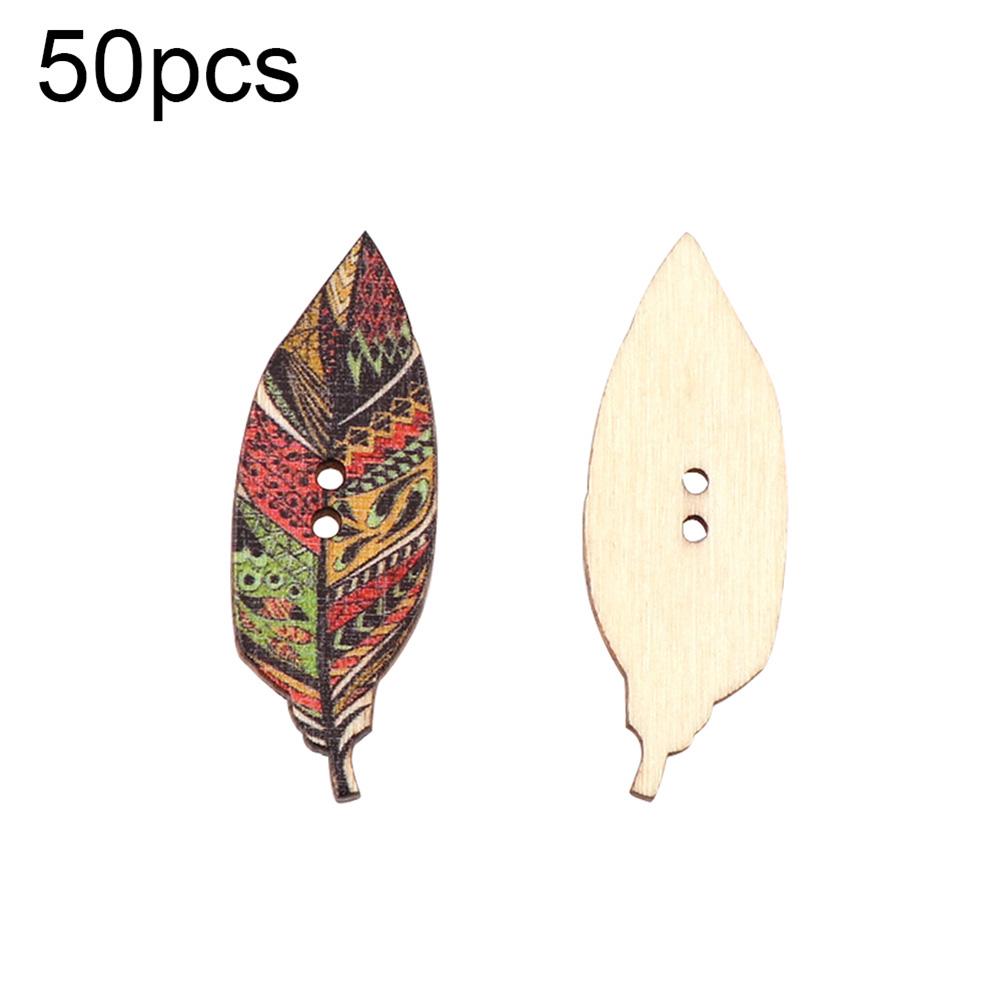 50Pcs Leaves Design Wooden Buttons 2-Hole Sewing Scrapbook Art DIY Decoration