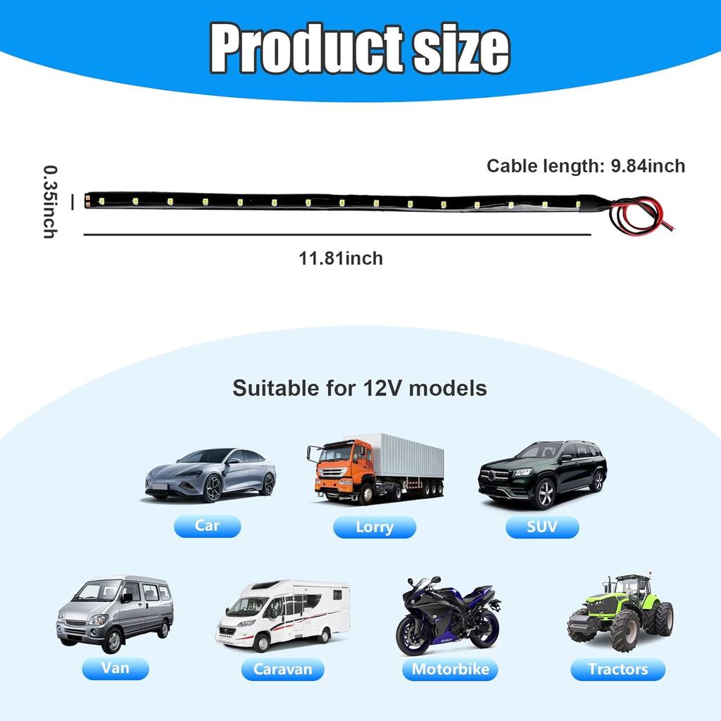 6 PCS 15 LED Strip Underbody Light, 1Ft 12V Waterproof Car Led Interior Exterior Strip Light with 6 Inch Wire, Flexible Auto Light Strip Decoration