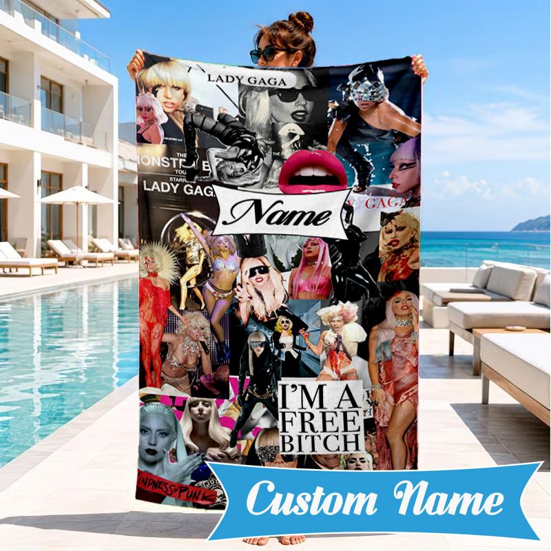 Custom Name Beach Towel Bold Fashion Lady-Gaga Microfiber Beach Towel, Lightweight for Summer Travel, Swimming Pool Fan Birthday Gift