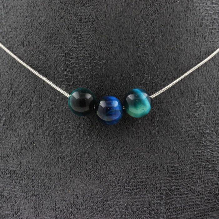 Pierres et Minéraux. Collier 3 perles Oeil de Tigre bleu clair 8 mm. Chaine en acier Collier femmes, hommes. Taille personnalisable.