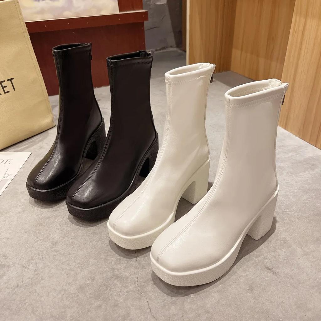 Thick Sole Ankle Boots Women's Shoes White Chunky High Heels Short Boots Thin Boots Chelsea Women's Boots Botas De Mujer 2024