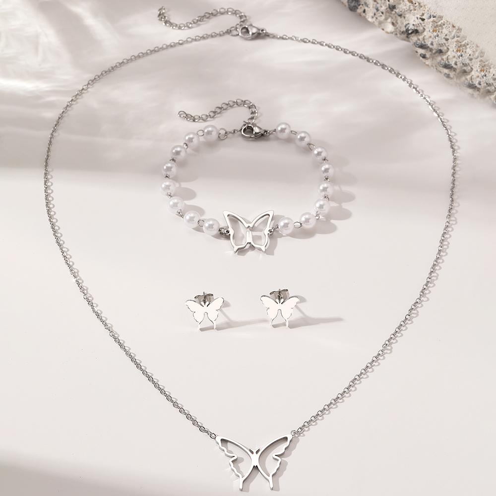 Stainless Steel Jewelry Set Necklace Earrings Pearl Bracelet Skeleton Butterfly Simple Design Jewelry Set For Women Jewelry Gift