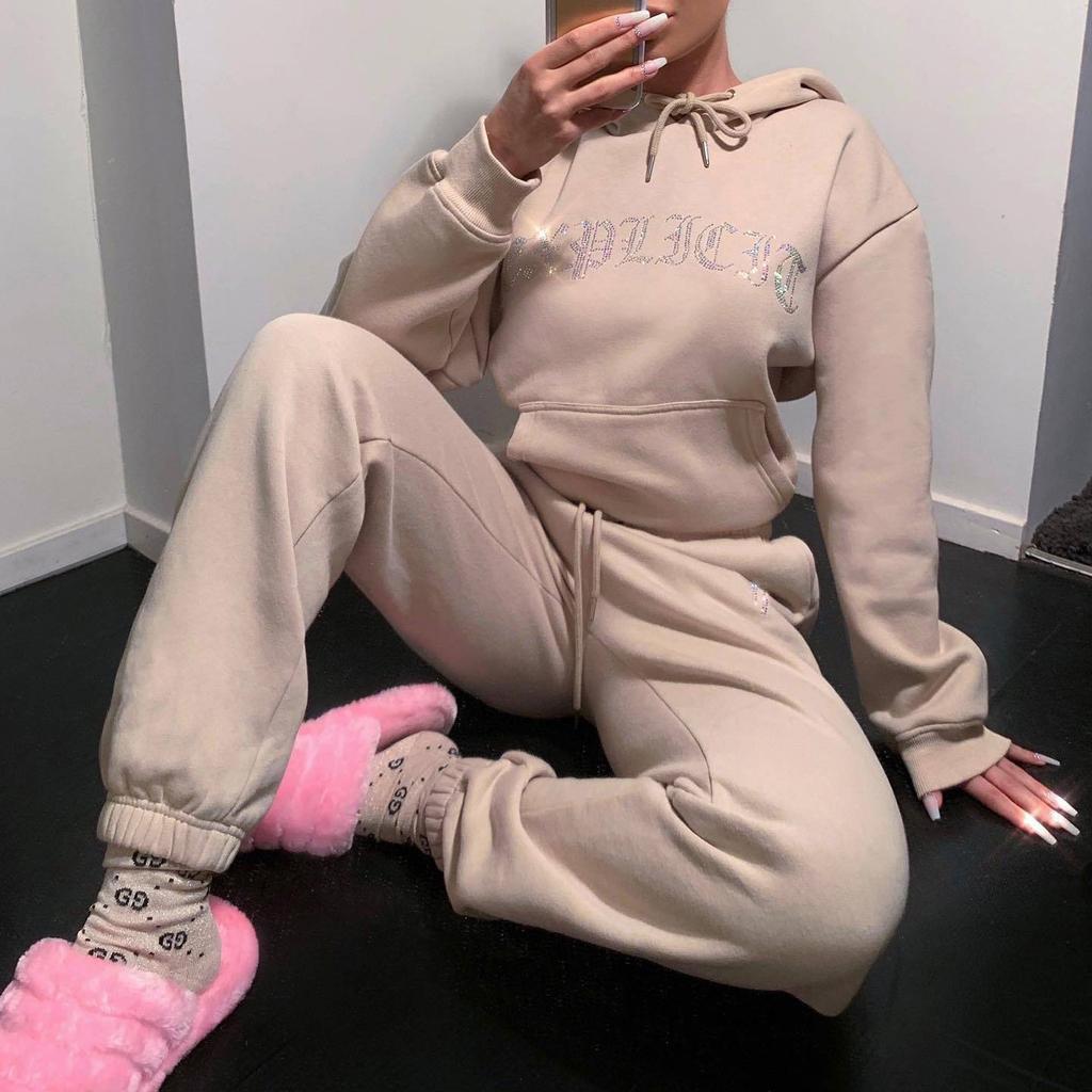 Women's Casual Fleece Long Sleeve Plus Size Printed Hoodie Trousers Sports Suit