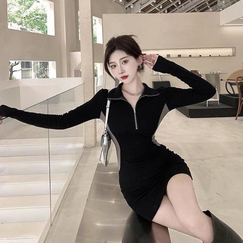 Casual Street Style Retro Slim Simple Stitching Color Zipper Neckline Design Long-Sleeved Hip Dress