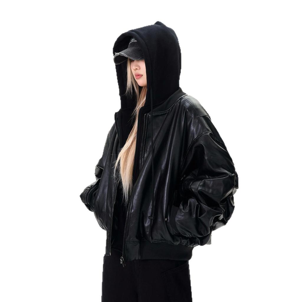 Унисекс Черная Бомбер-куртка с капюшоном, Пэчворк из Искусственной Кожи, 2025
