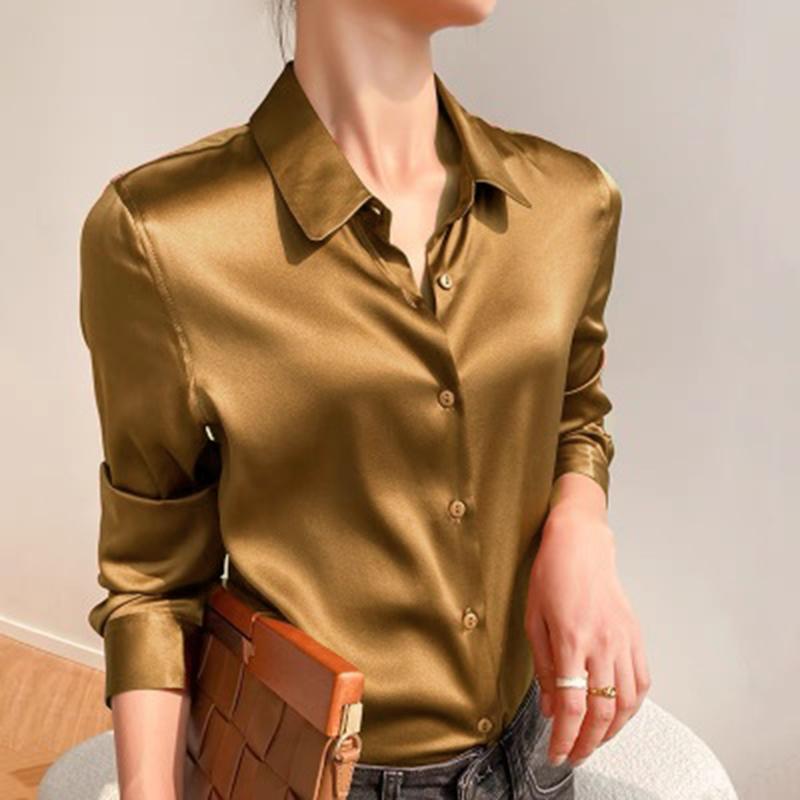 Модная повседневная офисная женская атласная рубашка, свободные топы с длинным рукавом, однотонные женские блузки больших размеров, элегантные винтажные простые женские рубашки на пуговицах 25678