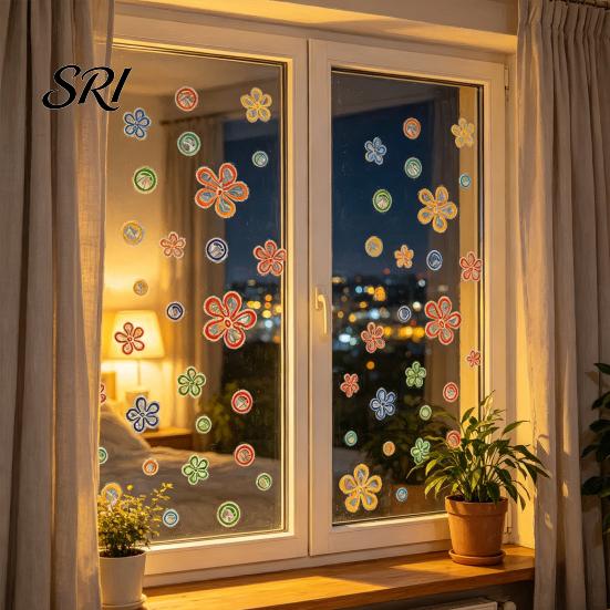 Removable Window Decoration 4 Sheets Rainbow Flower Clings Small Iridescent Prism Glass Surface Sticker Anti-Collision Static PVC Decals for
