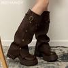 Модные женские кожаные высокие сапоги на платформе и высоком каблуке, женская обувь 2025 года, зимняя мода, дизайнерские мотоциклетные сапоги Mujer Botas