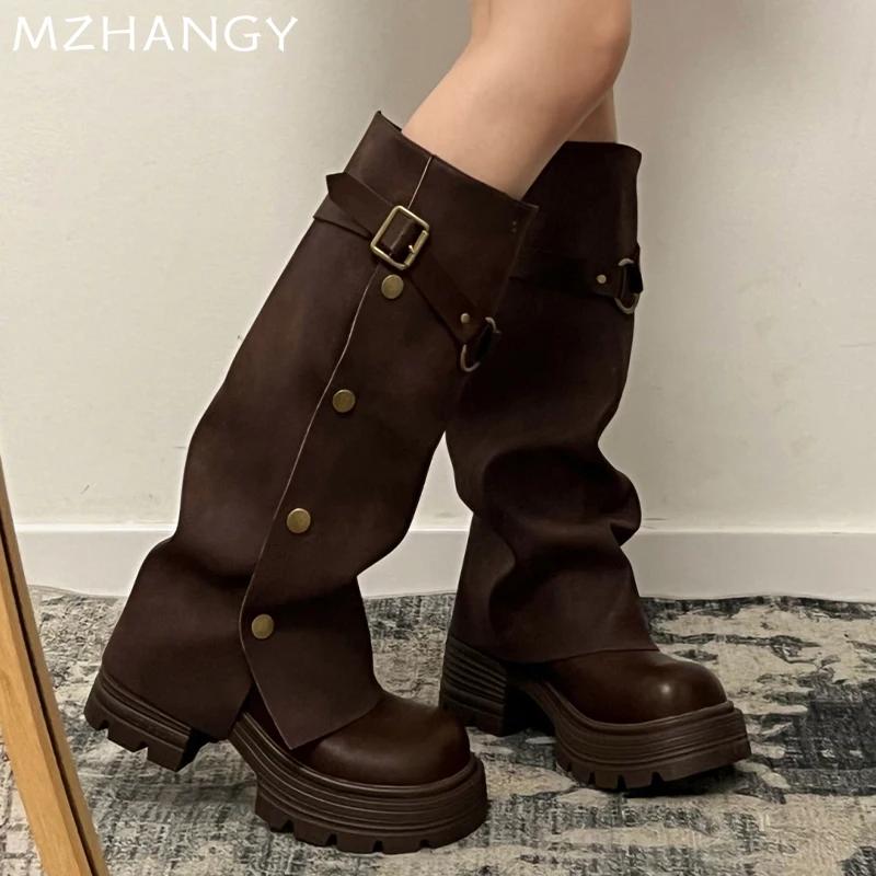 Модные женские кожаные высокие сапоги на платформе и высоком каблуке, женская обувь 2025 года, зимняя мода, дизайнерские мотоциклетные сапоги Mujer Botas