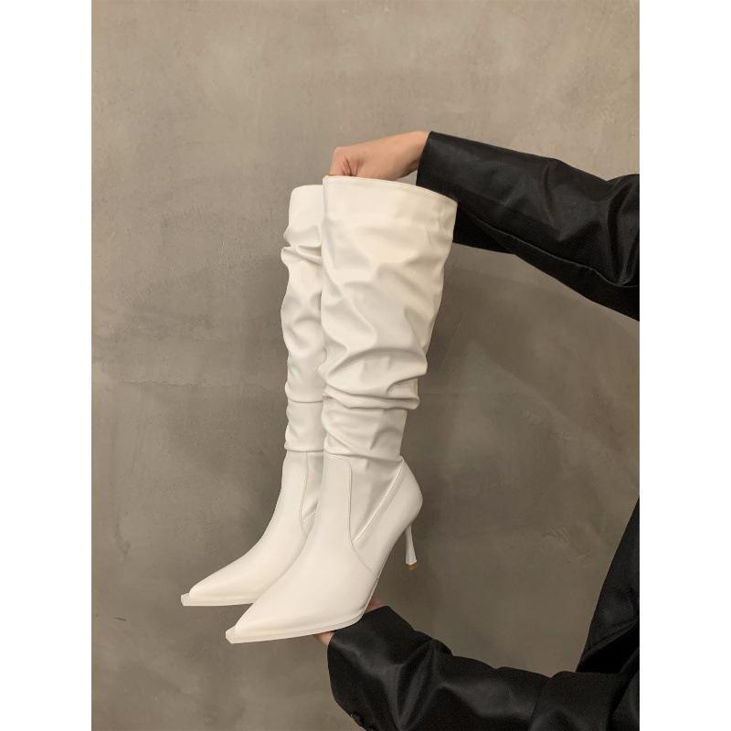 High Heel Pointed Pile Boots Women's Shoes 2024 New Autumn and Winter White Skinny Heel Knight Medium and Long Boots