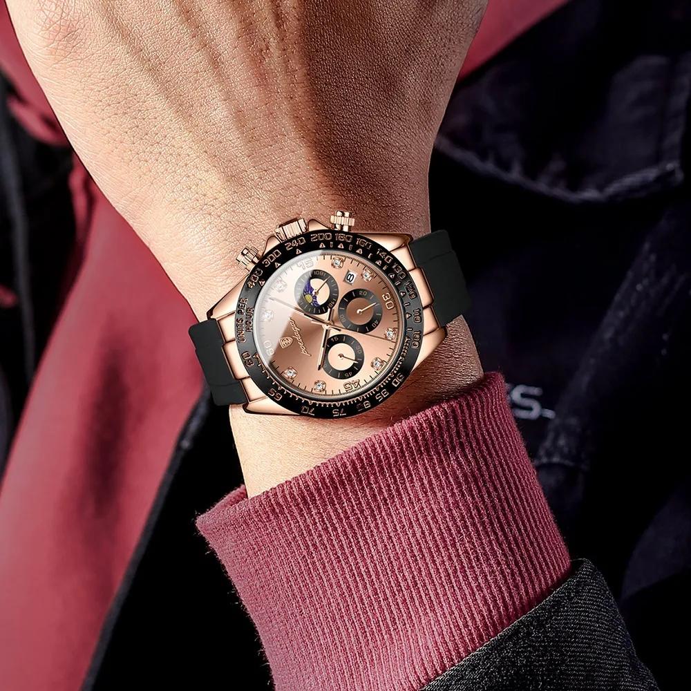 Poedagar 629 Quartz Men Watch with Silicone Steel Band Fashion Sport Chronograph Wristwatch Luminous Date Waterproof Clock