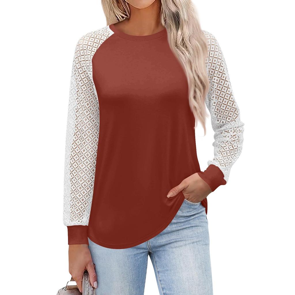Women's  Long Sleeve  T Shirts Round Neck Lace Tops  Casual Blouses Trendy  Fashion Top