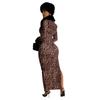 Women's Halter Split Long Dress with Stylish Fluffy Long Sleeve Print Two-piece Set