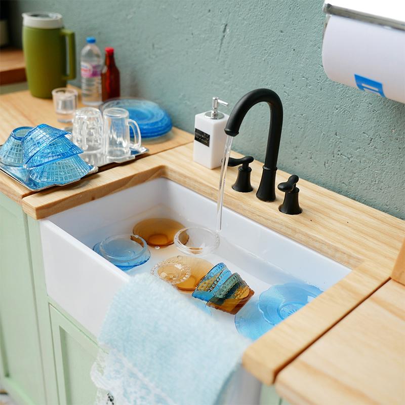 1:6 Dollhouse Miniature Kitchen Sink Lavatory Wash Basin Water Faucet Bathroom Kitchen Furniture Model Diy Decor Toy Accessories
