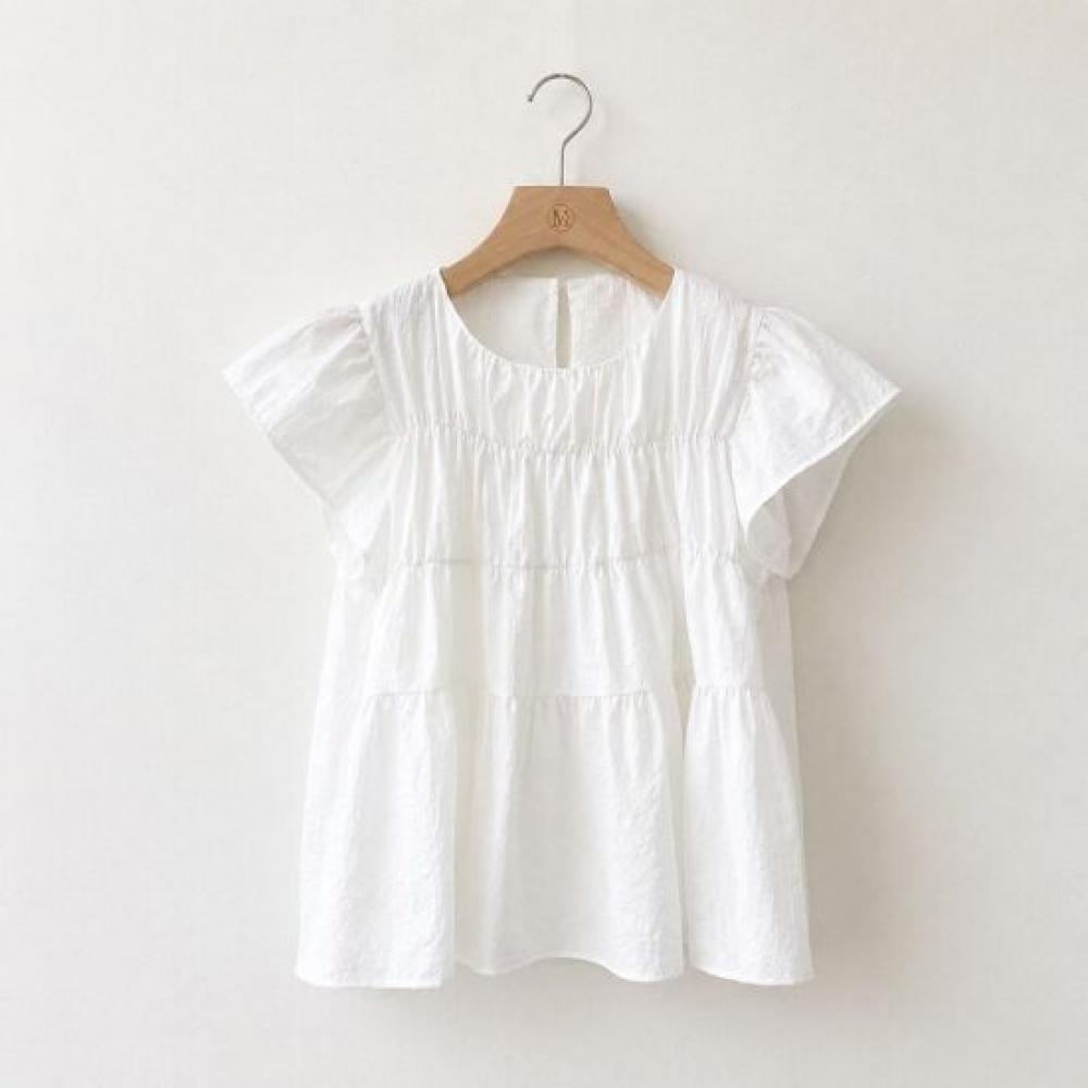Mizqz Women Kankan Shirring Short Sleeve Flare Blouse Loose Fit Summer