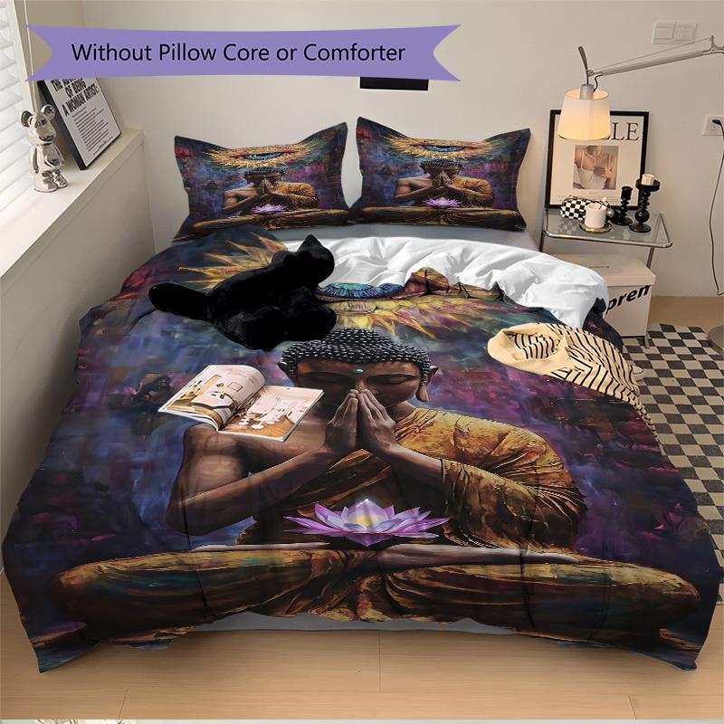3pcs Buddha Statue Duvet Cover Set, Cover For Bedroom Guest Room (1 Duvet Cover + 2 Pillowcase, Without Quilt), yy250922216