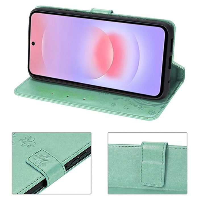 Coque pour Samsung Galaxy A37 5G, Protection Anti-Rayures Synthécuir Vert Motif Floral Papillon