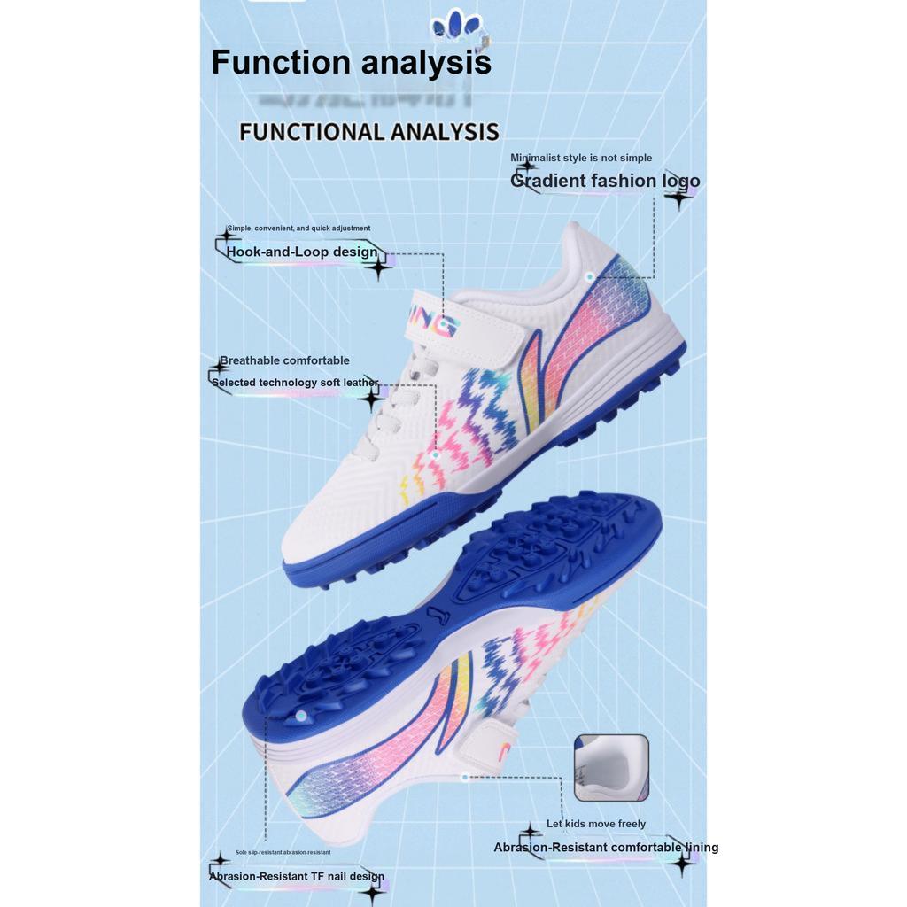 Li Ning Kids Artificial Turf Casual Shock Absorbing Durable Low Top Football Shoes Kids Football Shoes White Blue YKGU008-3