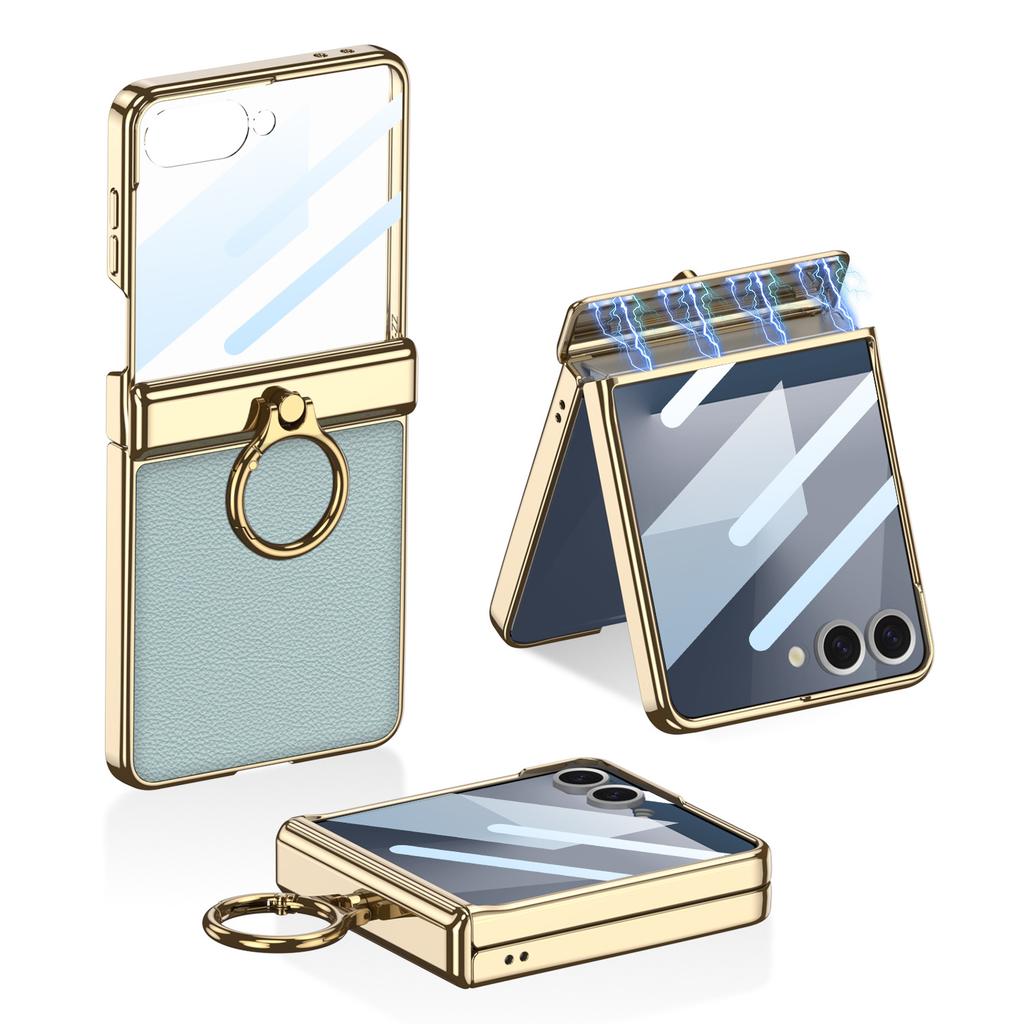 Suitable for Samsung Z Flip7 Mobile Phone Case Magnetic Folding Hinge Plain Leather Pc Electroplate Finger Ring Holder Shell Film Full Packaging