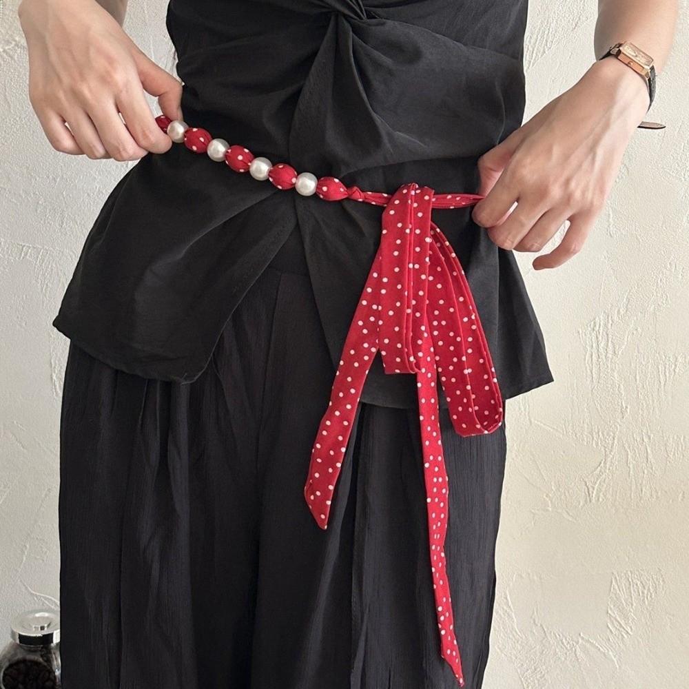 Ribbon Pearl Necklace Scarf Adjustable Polka Dots Scarf All-match Waist Chain Summer Season
