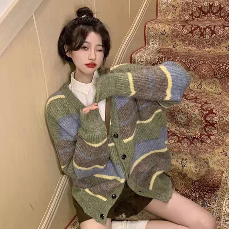 V-neck Japanese lazy style retro striped sweater jacket women's new autumn and winter loose and thin knitted cardigan