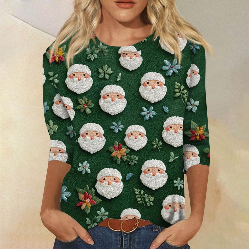 Women's Fashion Casual Round Neck 3/4 Sleeve Loose Printed T-Shirt Ladies Top