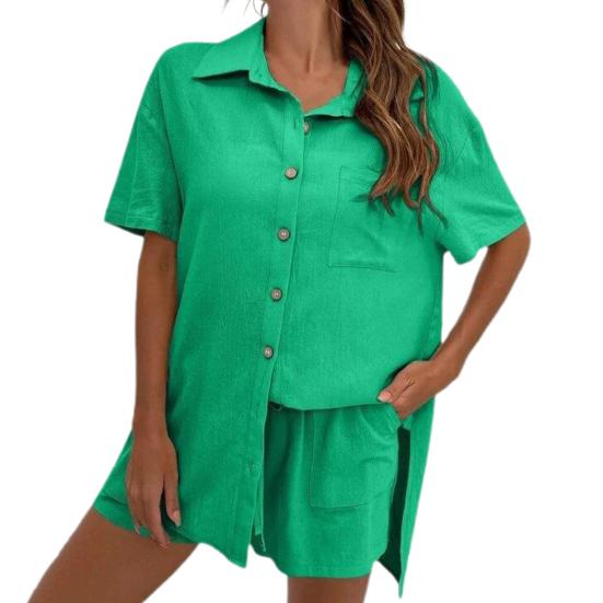 2 шт./компл. женская рубашка и шорты, комплект однотонной блузки с короткими рукавами и нагрудным карманом с лацканами
