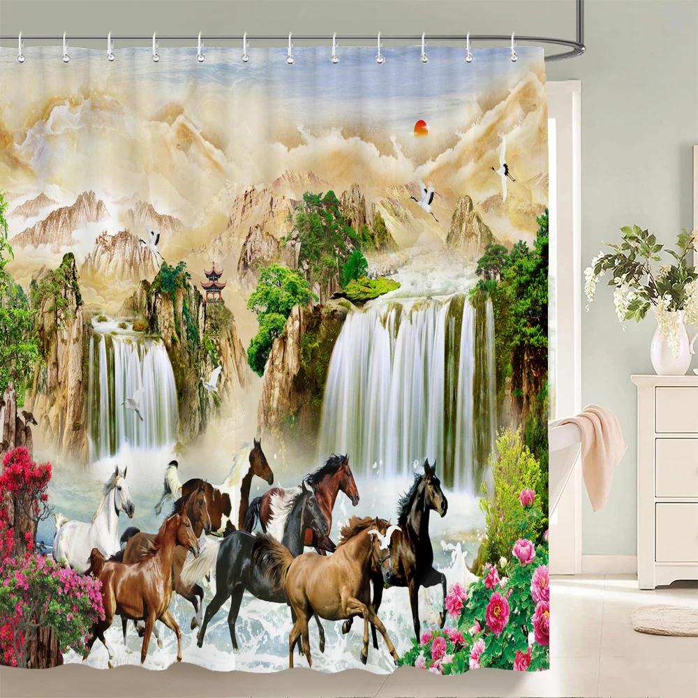 Chinese Style Natural Waterfall Landscape Shower Curtains Bathroom Curtain Waterproof Polyester Horse Bath Curtain with Hooks