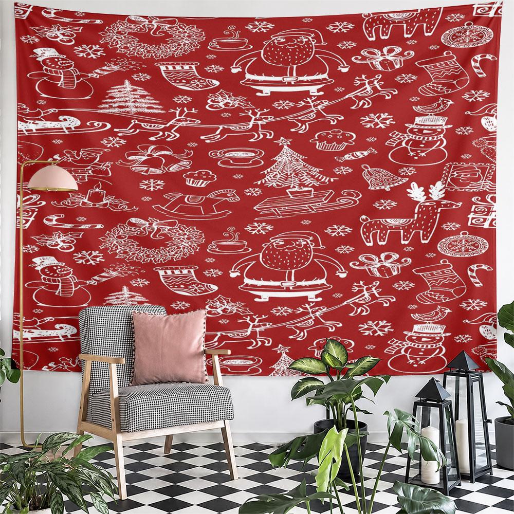 "Festive Christmas Pattern on Red" Pattern Wall Hanging Tapestry Decorative Tapestry Home Decor for Bedroom and Living Room