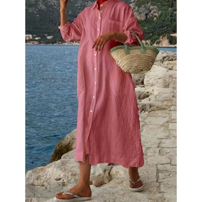 Винтажное хлопковое платье-рубашка больших размеров, женское элегантное свободное модное простое повседневное платье, женские однобортные офисные женские платья с карманами и лацканами 1002