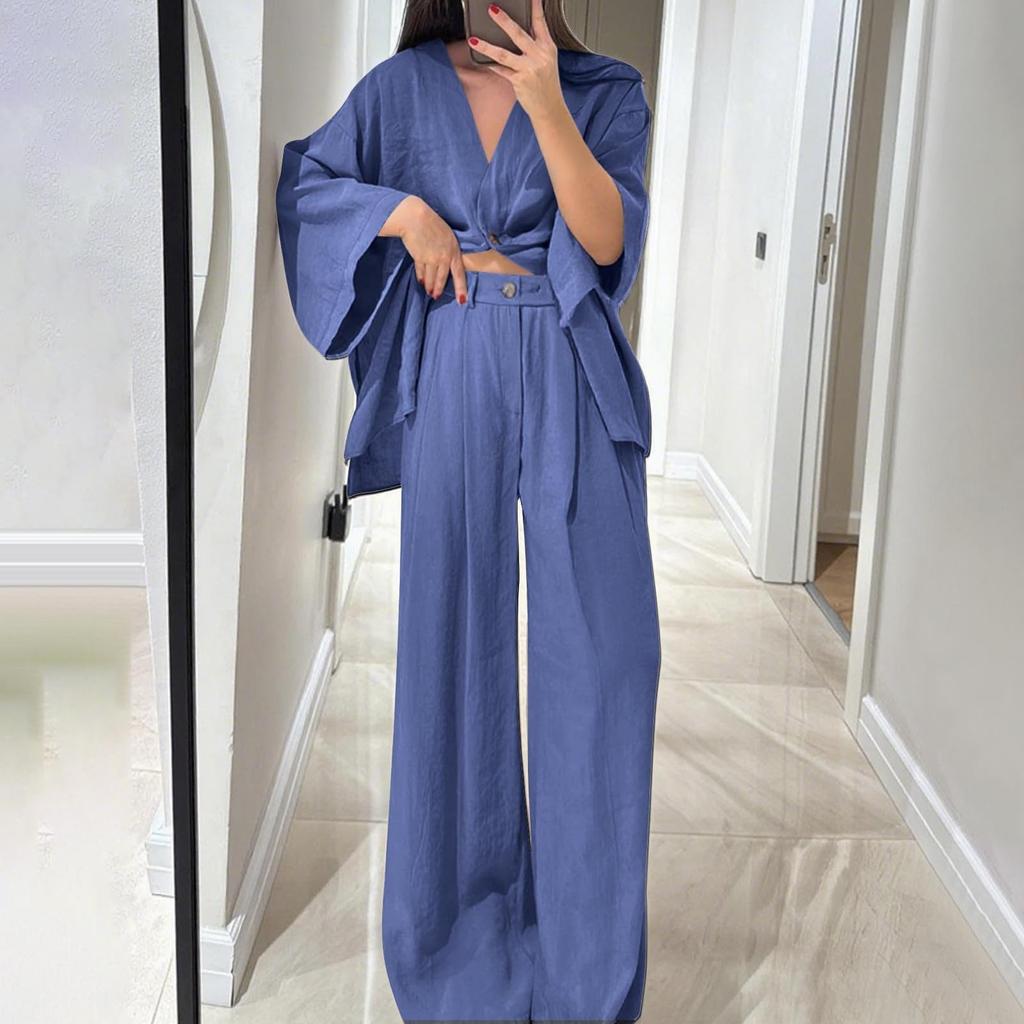 Комплекты из двух предметов для женщин: топ-рубашка с V-образным вырезом на пуговицах и брюки с широкими штанинами, свободные спортивные костюмы