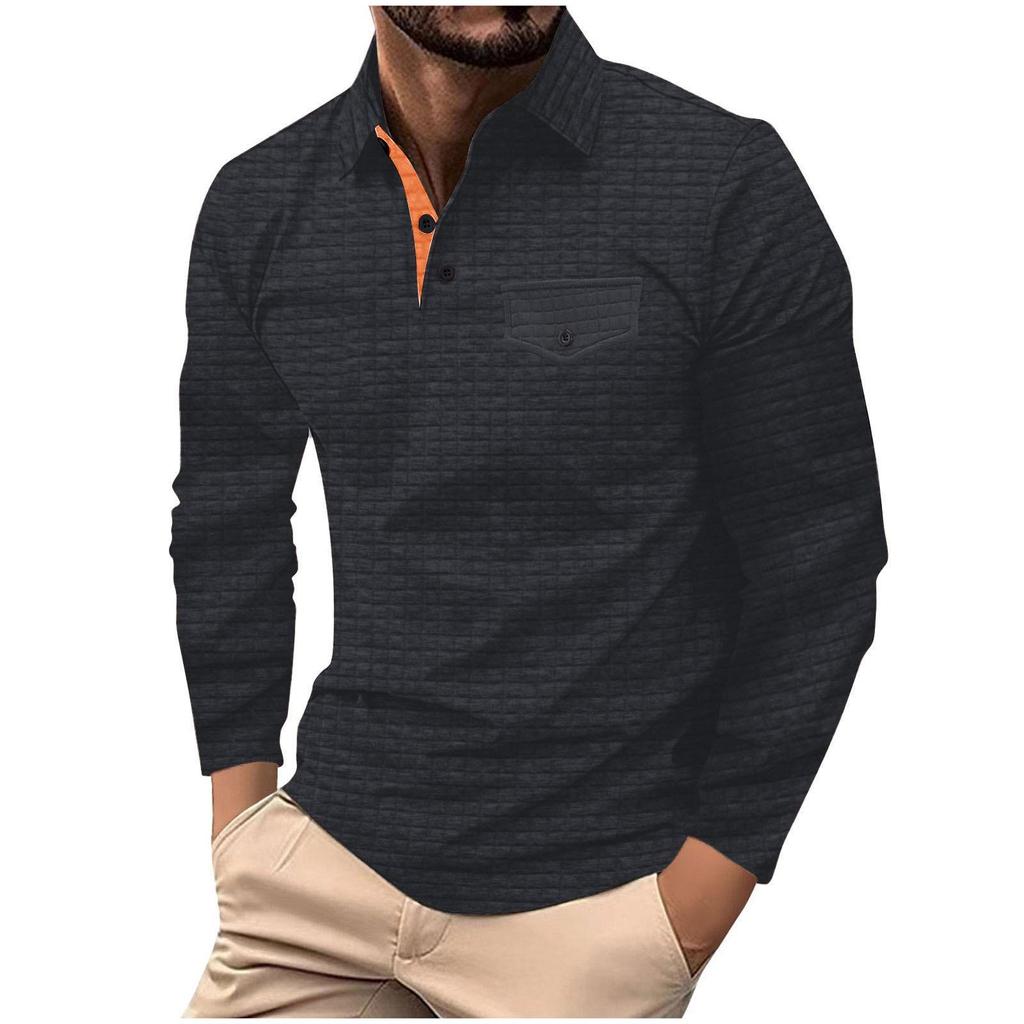 Men's Long-Sleeve Plaid Polo Shirt with Button Pocket