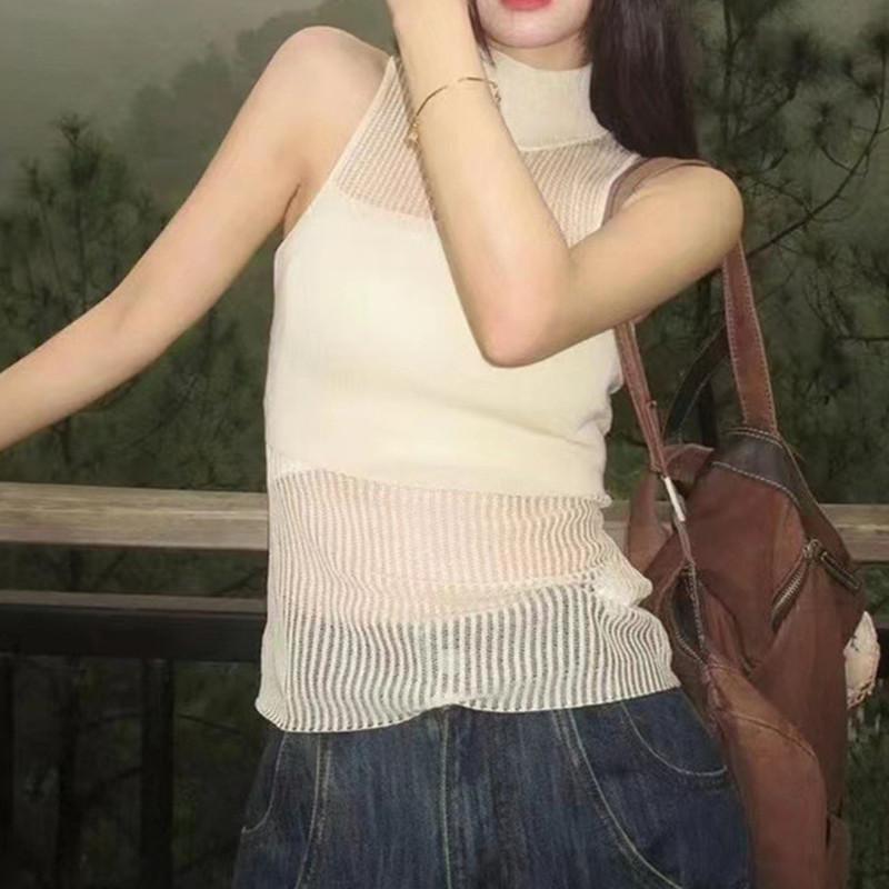 Women's Summer Hollow Half High Neck Sleeveless Thin Tank Top
