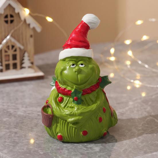 Small Christmas Sculptures Green Monsters Ornament with Santa Hat And Scarf, Resin Frog Cute Elf Tabletop Decor Figurine for Home Decoration, Outdoor