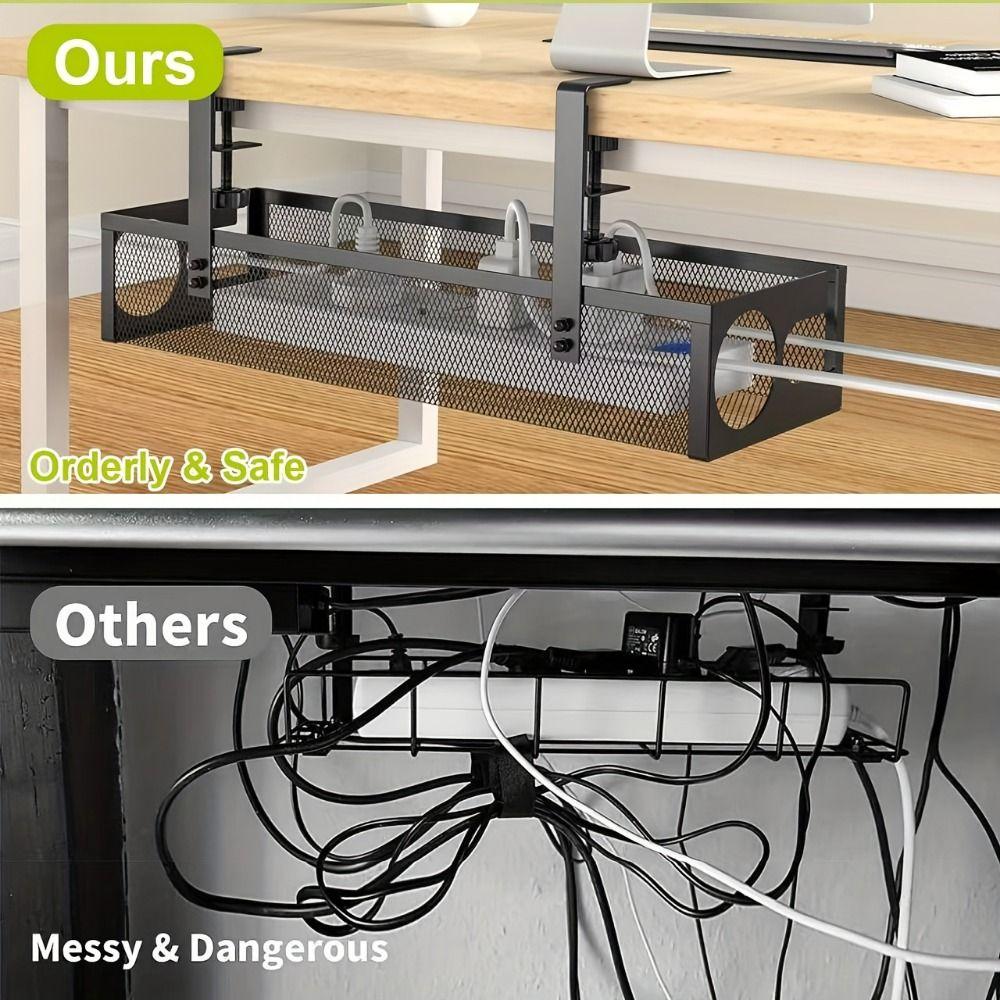 No Drilling Under Desk Wire Management Tray Space Saving Power Strip Cord Holder Office