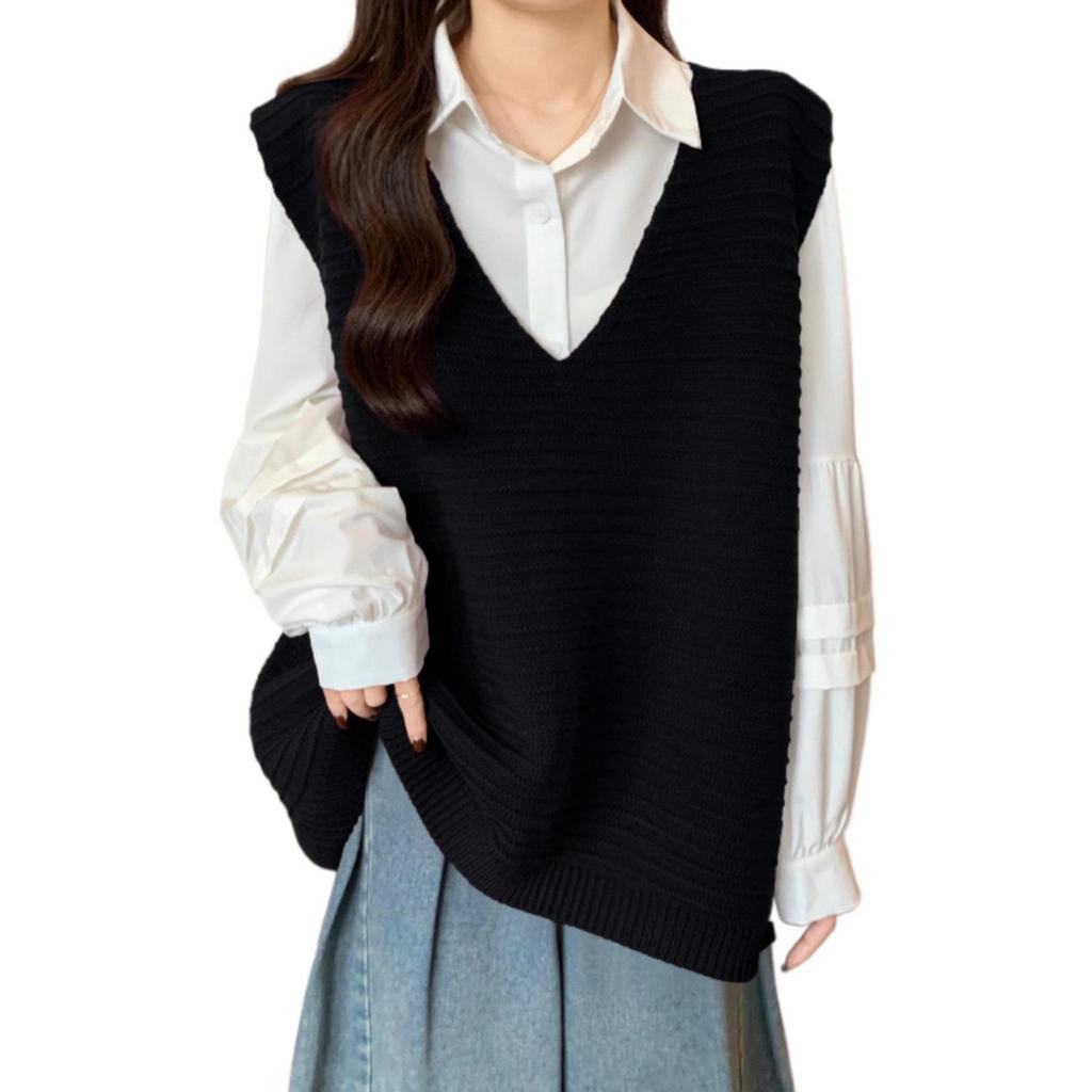 Женский вязаный жилет с V-образным вырезом Design Sense: Свободный, Большого размера, Полосатый, Безрукавный свитер для многослойности осенью и весной.