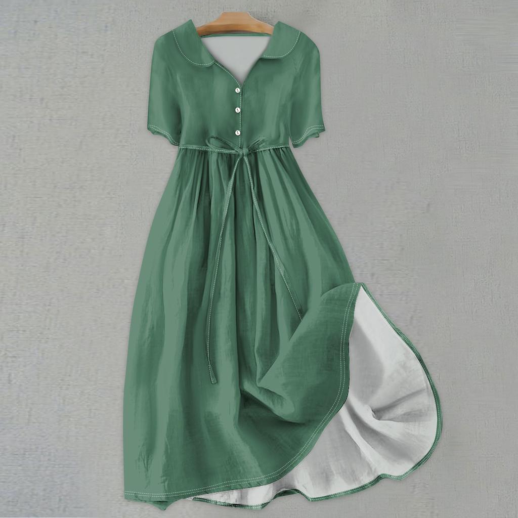 Женская мода сплошной цвет воротник с лацканами пуговицы с коротким рукавом одежда ремни платье