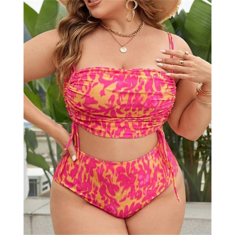 2025 Print Two Piece Plus Size Bikini Women Strapped Large Swimsuit High Waist Lady Chubby Swimwear Beach Curvy Bathing Suit