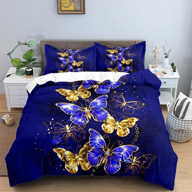 3 Pieces Watercolor Butterflies Duvet Cover Set Blue Butterfly Bed Set White Bedding Kids Girls Quilt Cover Queen Dropship