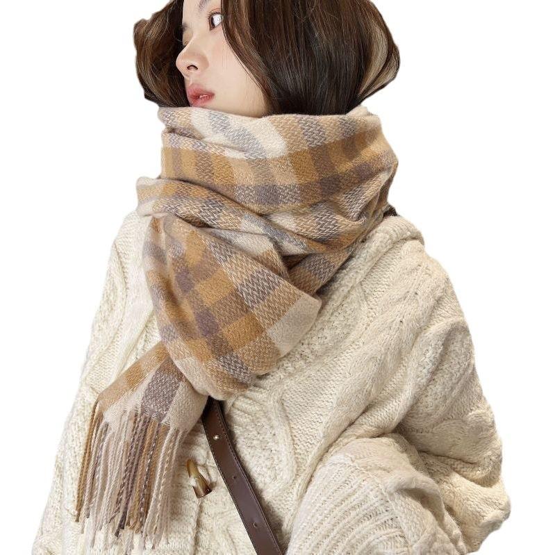 New Thickened Scarf Korean Sweet Warm Imitation Cashmere Scarf Plaid Shawl Student Scarf Women