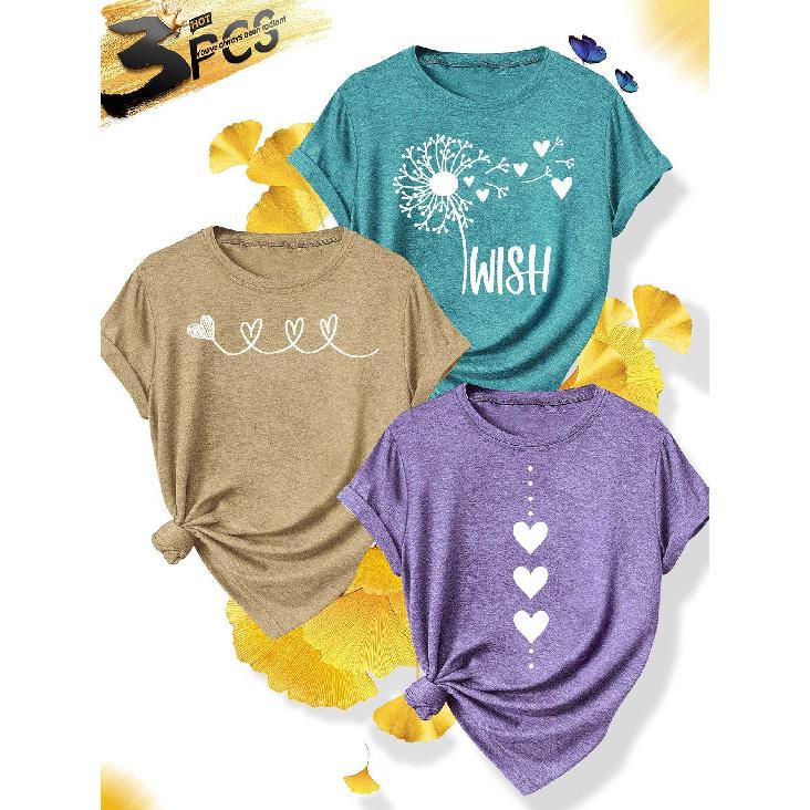 3 Simple and elegant women's party attire Dandelion Love Series Round Neck Casual Sporty Fresh Elegant Plus Size Women's Short Sleeve T Fashionable