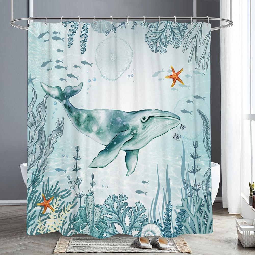 Sea Turtle Ocean Animal Shower Curtain Starfish Underwater Plants Coral Algae Watercolour Art Home Shower Curtain Bathroom Decor