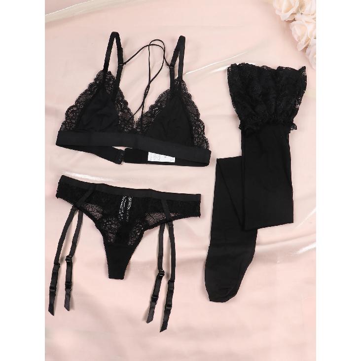 Varsbaby Lace Bra Sets for Women Non-padded Bra Panty Garter Stockings Summer Underwear Lingerie Sexy