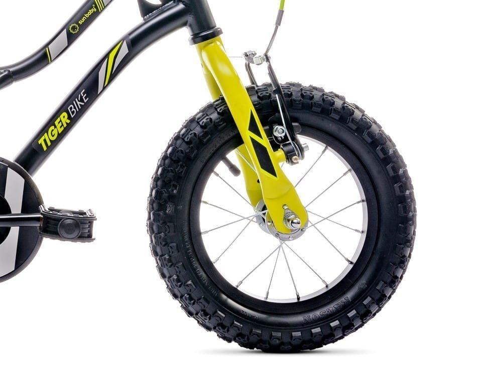 Rower Dla Chłopca 12 Cali Pchacz Kółka Boczne Koszyk Tiger Bike Czarno - Żołto - Szary
