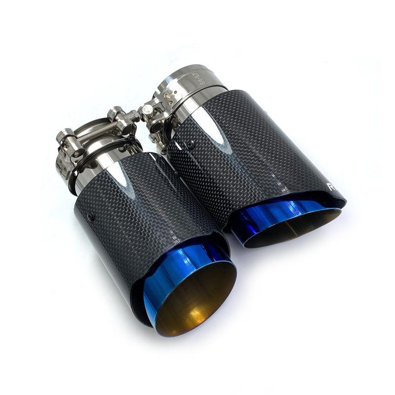 1PCS Car Exhaust Tail Pipe Glossy Carbon Tail End Blue Stainless Steel Straight Muffler Tip Flange With REM For Bmw F30