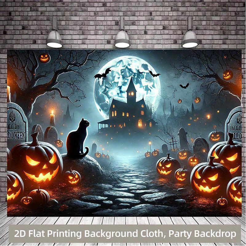 1 piece of 2D background fabric a vibrant polyester background depicting pumpkins and cats in a Halloween cemetery setting
