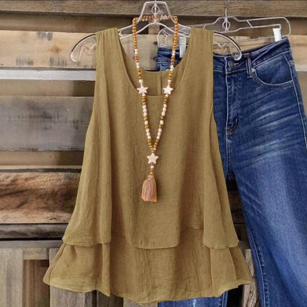 2025 Women's Summer New Solid Color Casual Sleeveless U-Neck Fake Two Layers T-Shirt