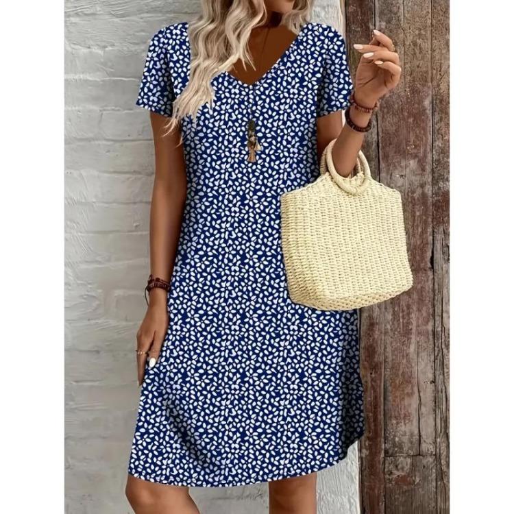 Summer Floral Boho Beach Dress for Women Casual Loose A Line Sundress Short Sleeve V Neck Sexy 3D Print Summer Fashion Dress Femme