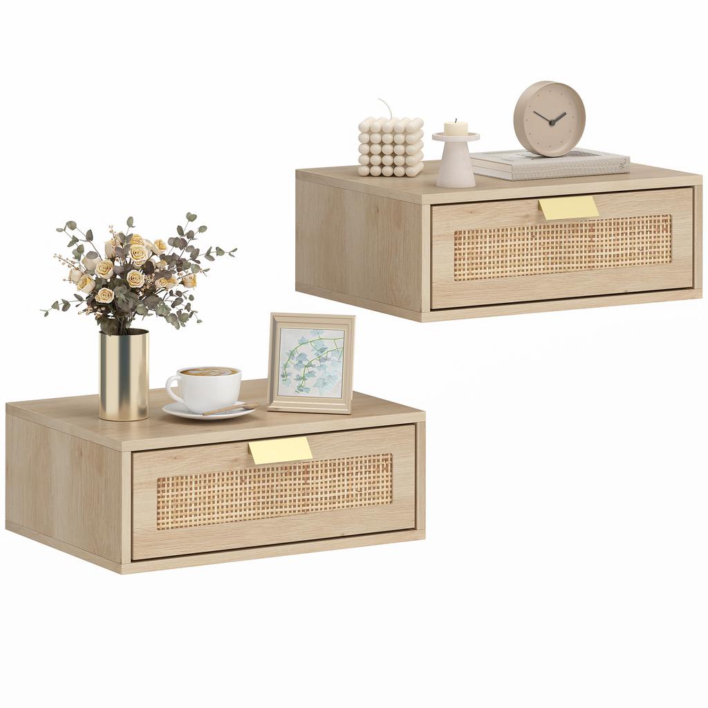 Floating Bedside Tables Set of 2, Wall Mounted Bedside Cabinets with Rattan Drawer and Wood Effect, Oak