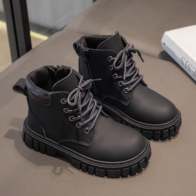 Модные ботинки для мальчиков и девочек, короткие ботинки, нескользящие ботинки, детские ботинки на молнии сбоку, одинарные ботинки, кожаные ботинки, противоскользящие